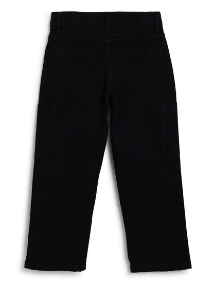 Boys & Girls Unisex Black Stretchable Baggy Fit Denim Cargo Jeans