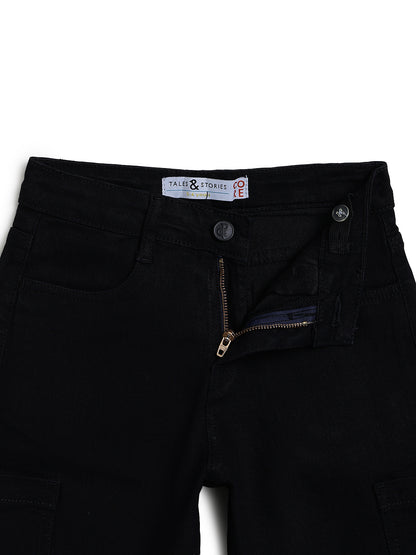 Boys & Girls Unisex Black Stretchable Baggy Fit Denim Cargo Jeans