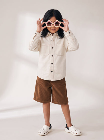 Boys & Girls Unisex White Cotton Washed Full Sleeve Shacket