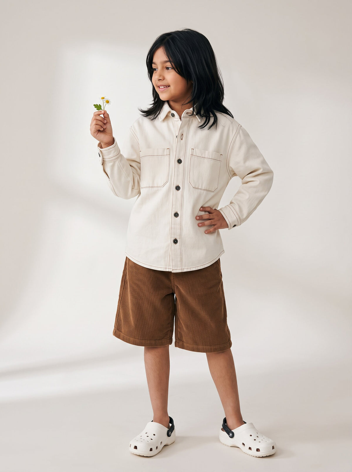 Boys & Girls Unisex White Cotton Washed Full Sleeve Shacket