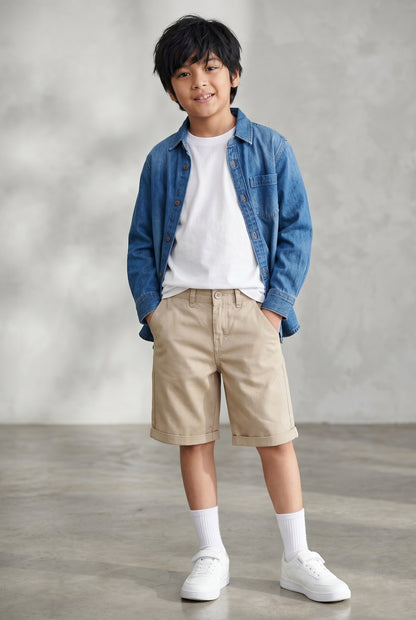 Boys Cotton Twill Khaki Bermuda Shorts