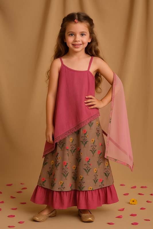 Girls Marron Printed Dress