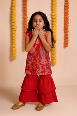 Girls Red Top & Sharara Floral Printed Ethnic Set