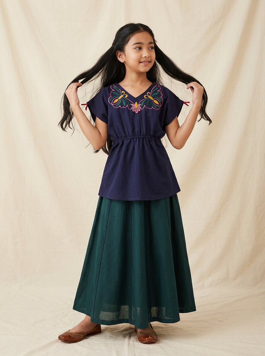 Girls Navy Blue Top & Green Skirt Embroidered Ethnic Wear Set