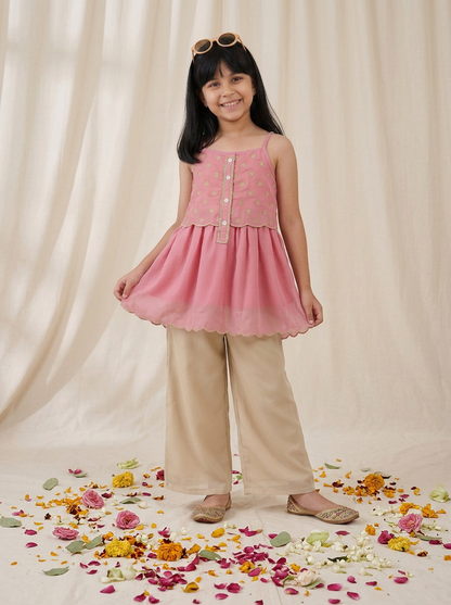 Girls Pink Georgette Embroidered Ethnic Wear Kurta Palazzo Set