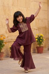 Girls Crushed Georgette Maroon Embroidered Kurta & Sharara Set