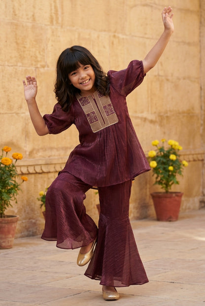 Girls Crushed Georgette Maroon Embroidered Kurta & Sharara Set