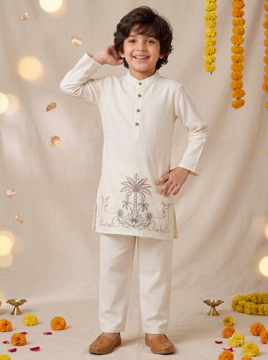 Boys Cream Viscose Embroidered Ethnic Wear Kurta Pyjama Set
