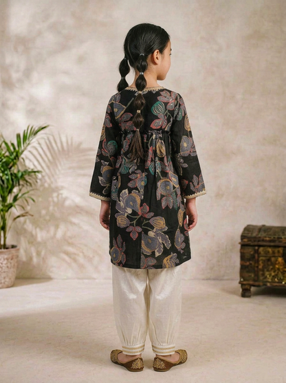 Girls Black Viscose Woven Printed Ethnic Wear Kurta Parsi Pant Set