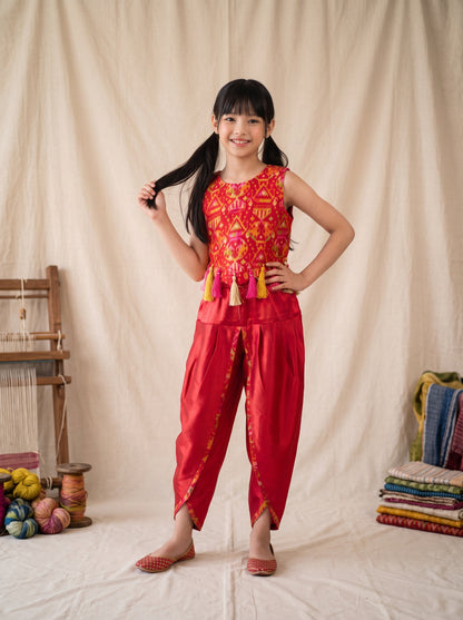 Girls Red Printed Ethnic Top and Dhoti Set