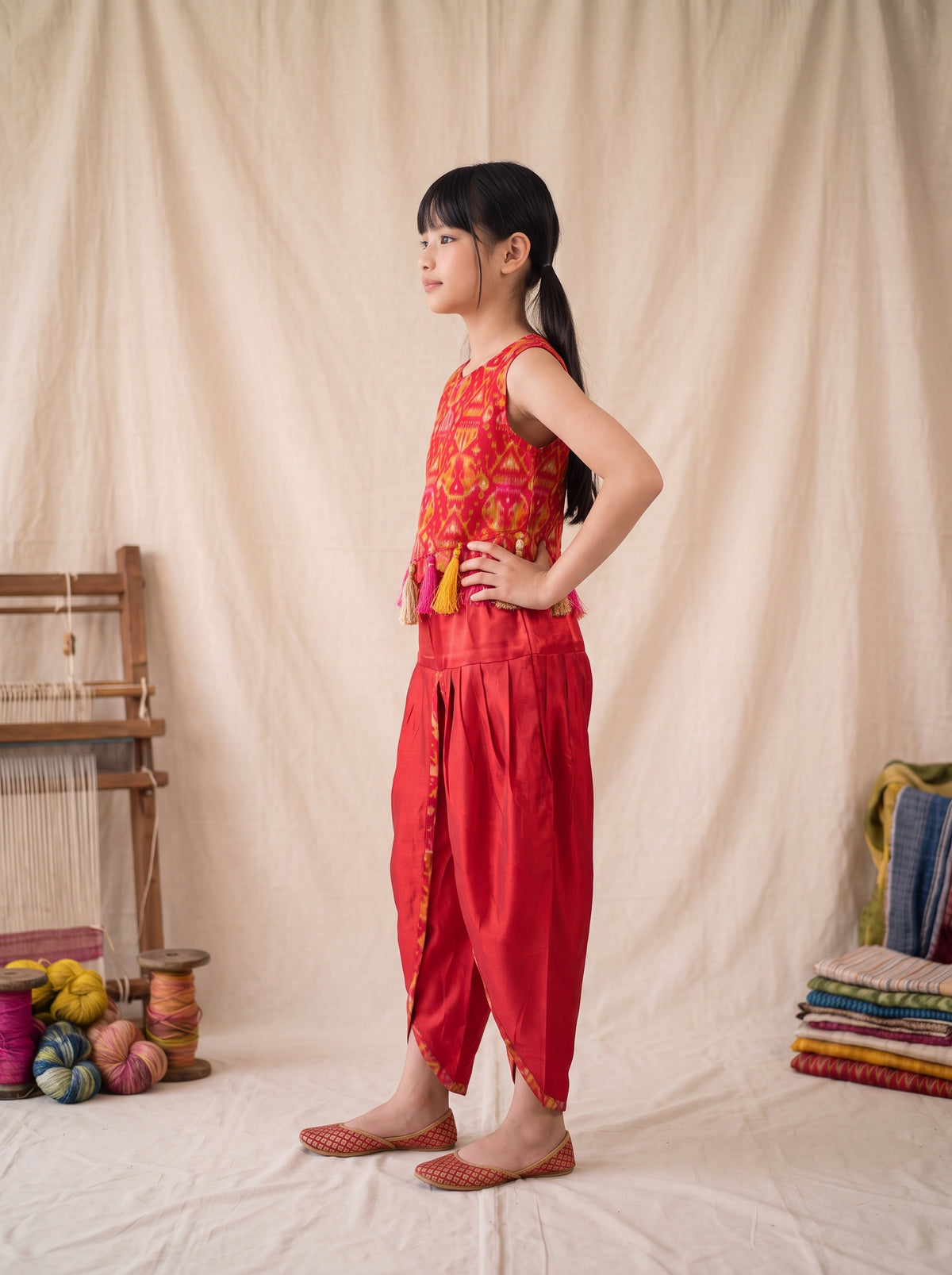 Girls Red Printed Ethnic Top and Dhoti Set