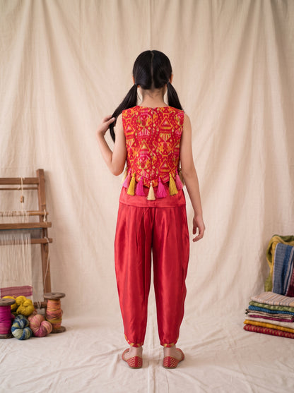 Girls Red Printed Ethnic Top and Dhoti Set
