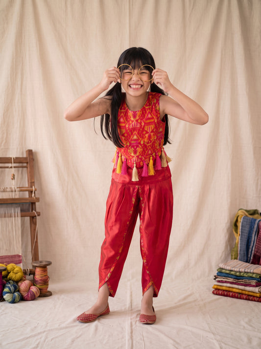 Girls Red Printed Ethnic Top and Dhoti Set