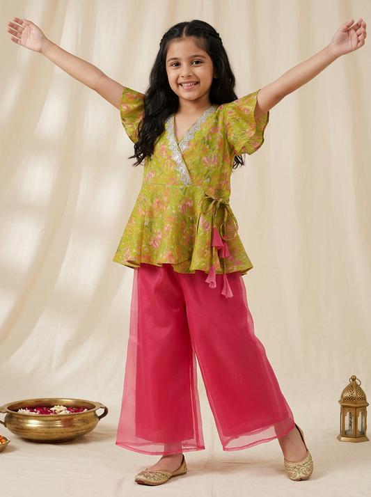 Girls Green & Pink Viscose Printed Ethnic Wear Top Palazzo Set