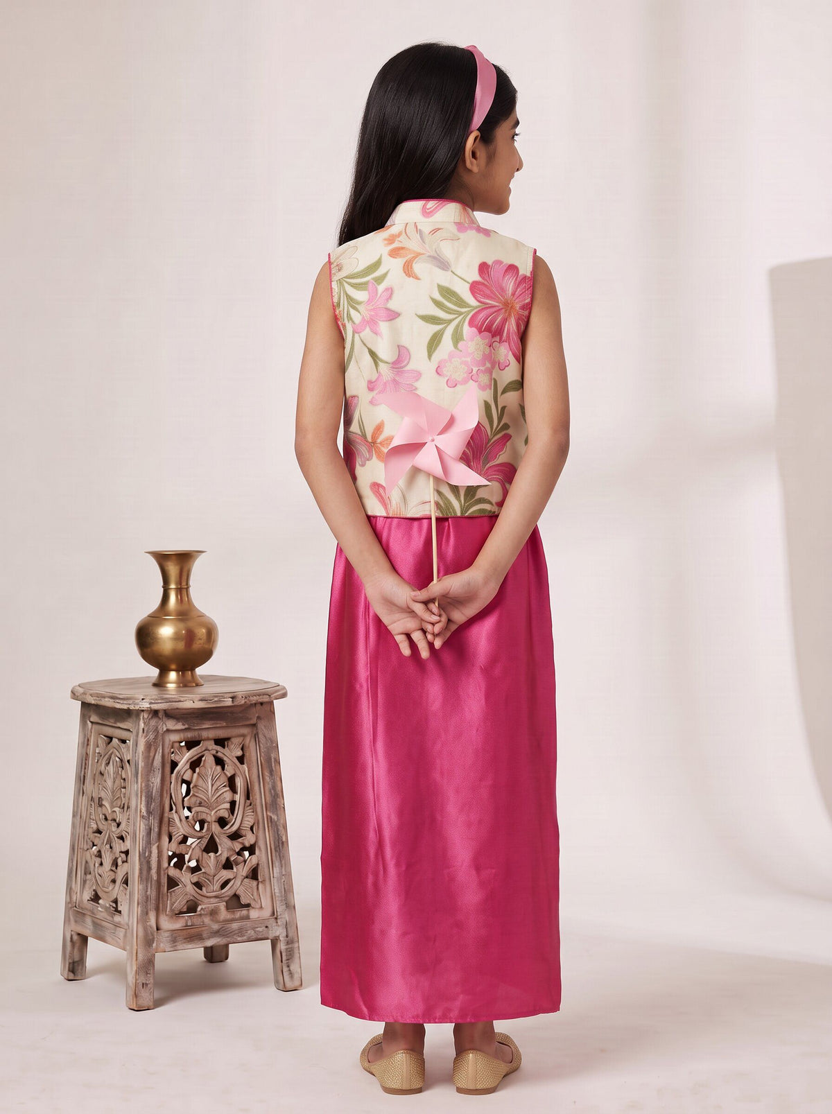 Girls Beige Pink Printed Vest Top & Draped Skirt Set