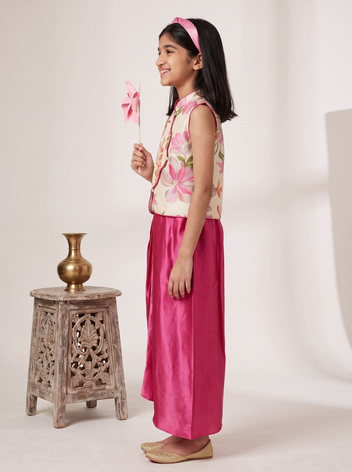 Girls Beige Pink Printed Vest Top & Draped Skirt Set