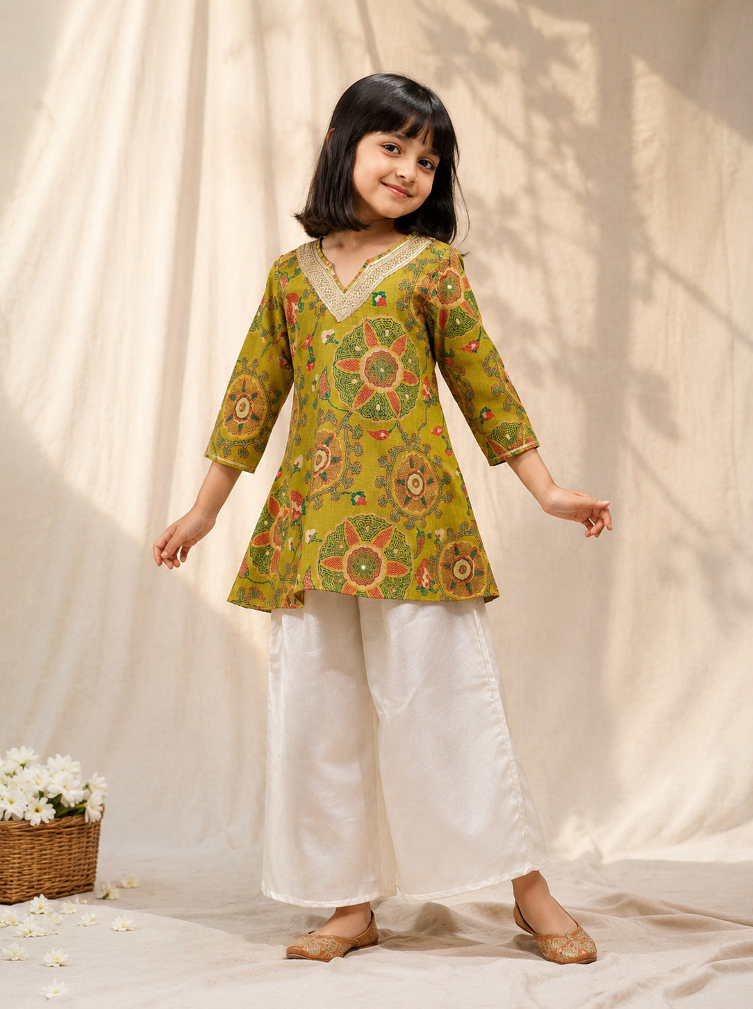 Girls Viscose Lime Green Printed Kurta with Palazzos