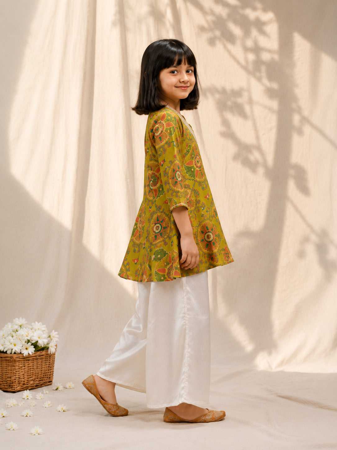 Girls Viscose Lime Green Printed Kurta with Palazzos