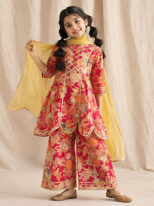 Girls Viscose Red Printed Kurta Palazzo Set with Dupatta