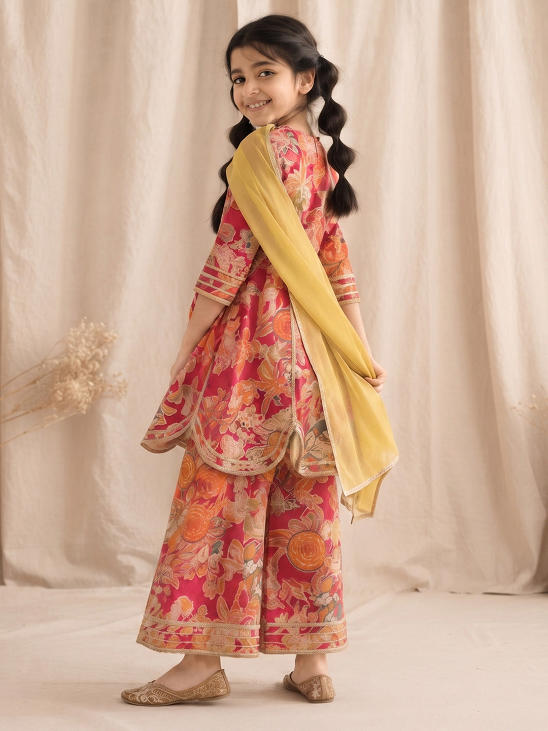 Girls Viscose Red Printed Kurta Palazzo Set with Dupatta