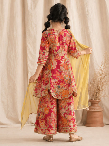 Girls Viscose Red Printed Kurta Palazzo Set with Dupatta