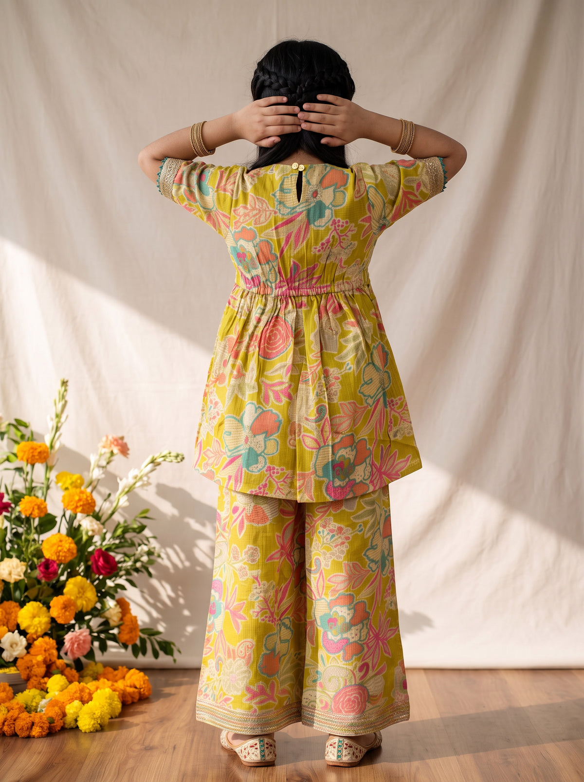 Girls Yellow Printed Kurta with Palazzos Set