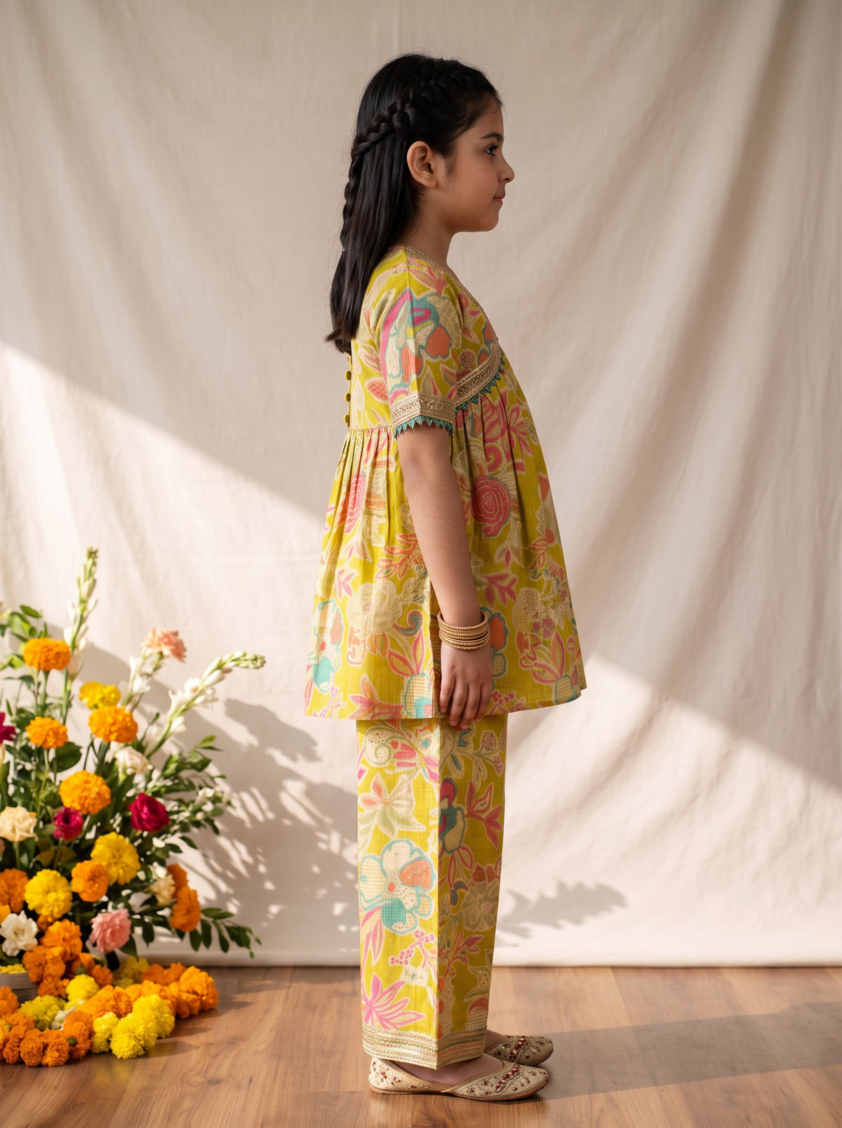 Girls Yellow Printed Kurta with Palazzos Set