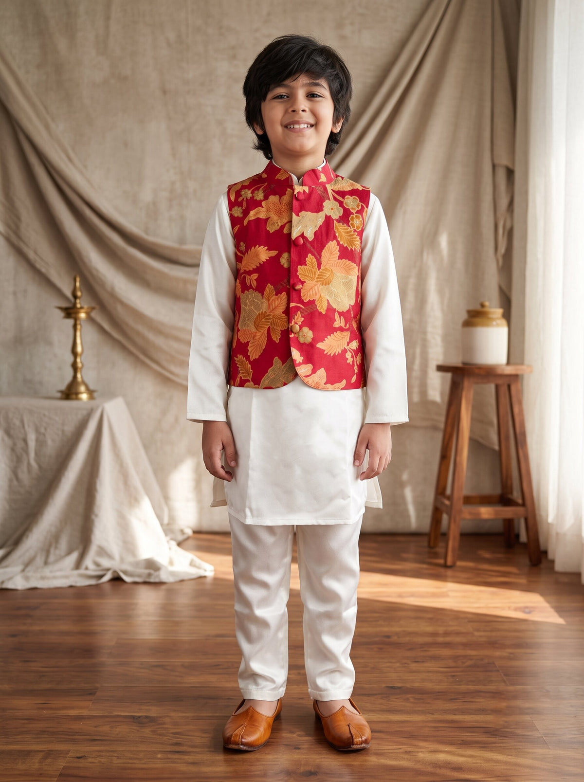 Boys Red Cream Viscose Printed Kurta Pyjama With Koti