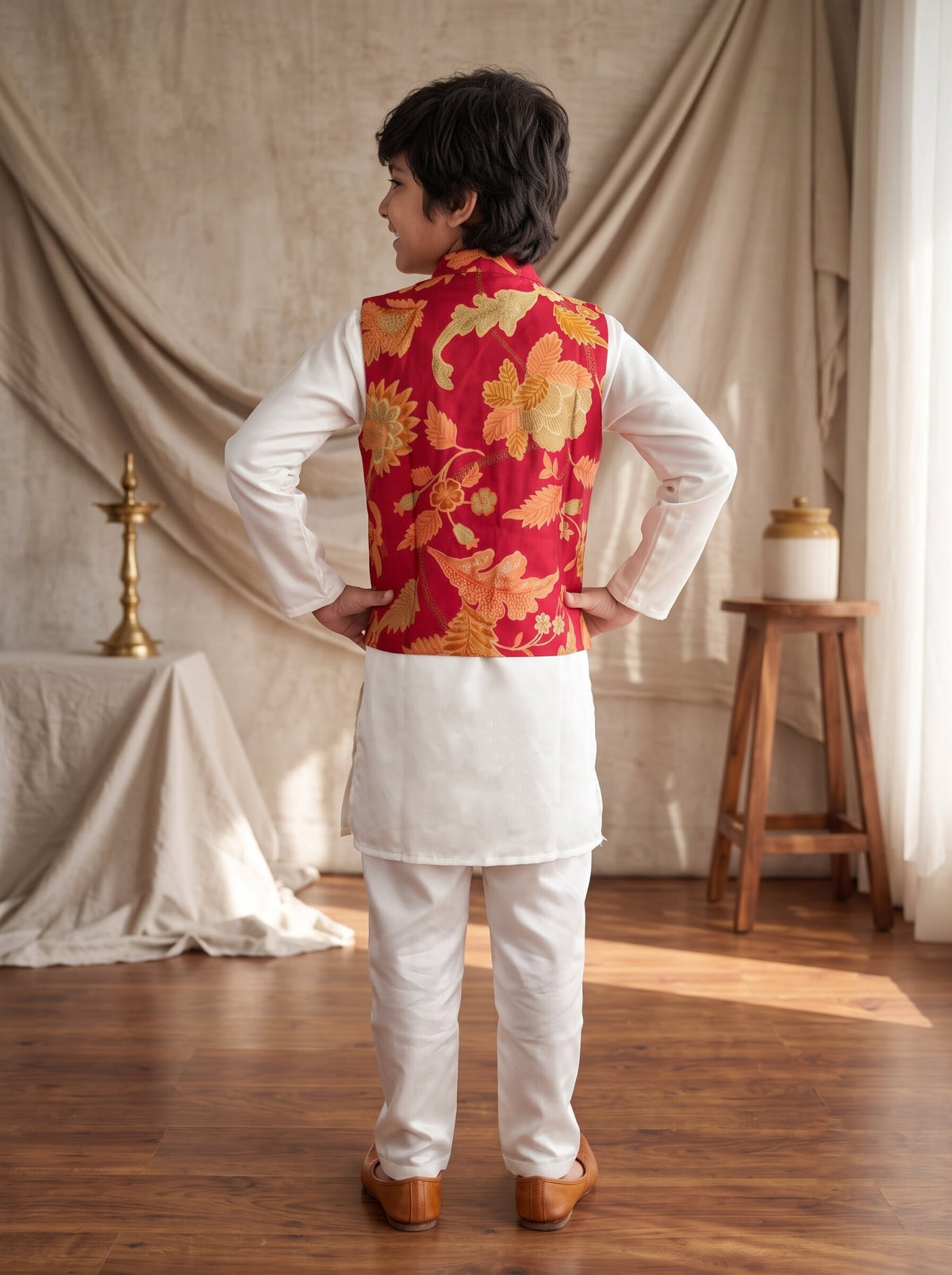 Boys Red Cream Viscose Printed Kurta Pyjama With Koti