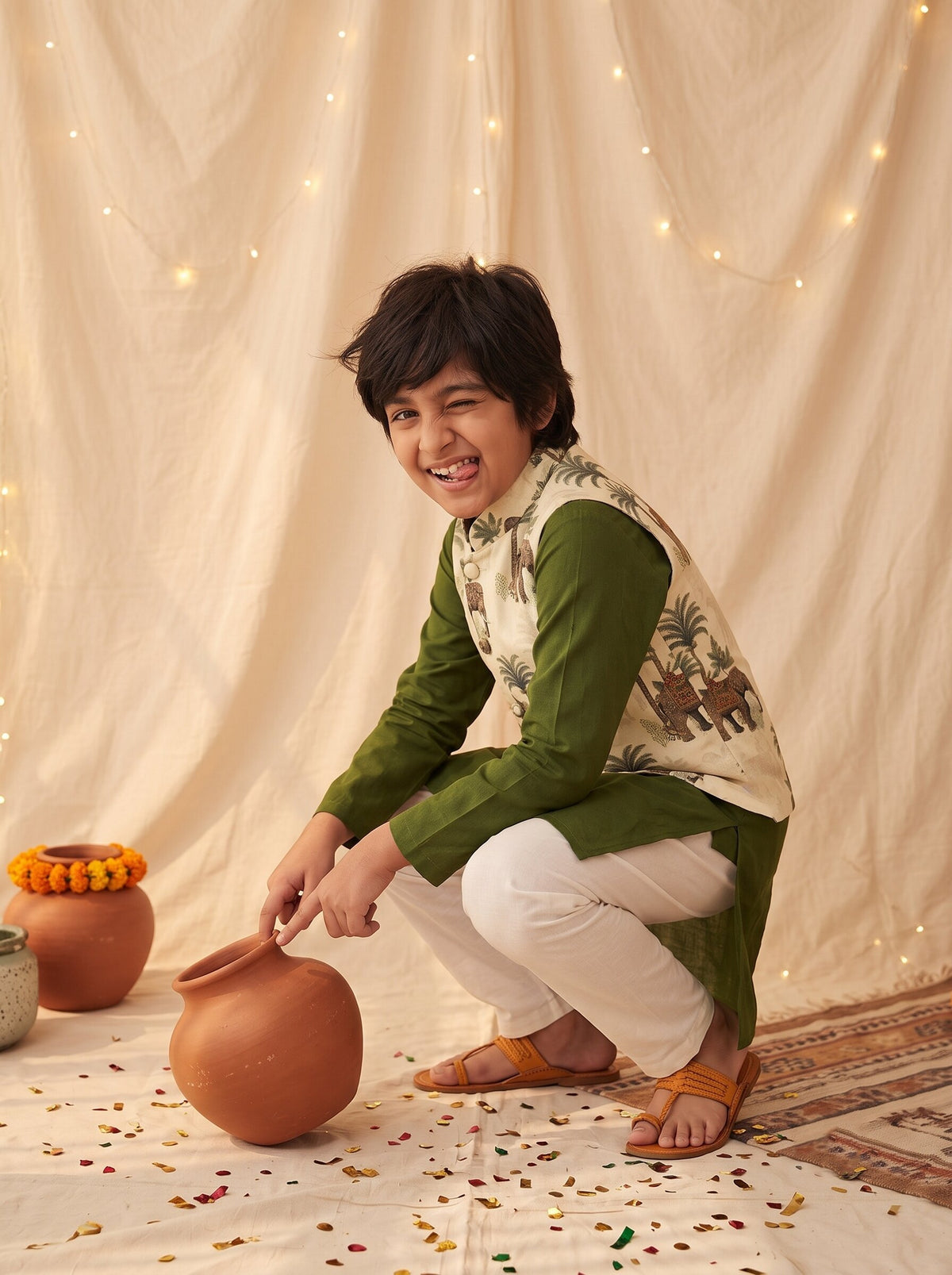 Boys Cream Green Viscose Printed Kurta Pyjama With Koti