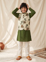 Boys Cream Green Viscose Printed Kurta Pyjama With Koti
