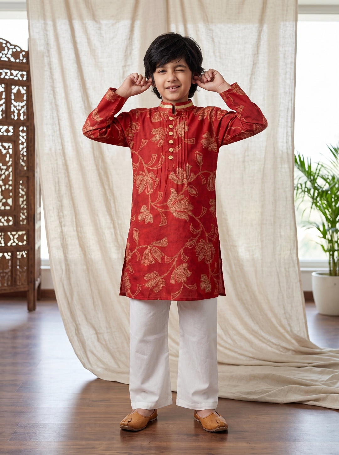 Boys Rust Viscose Printed Kurta with Cream Flared Pants Set