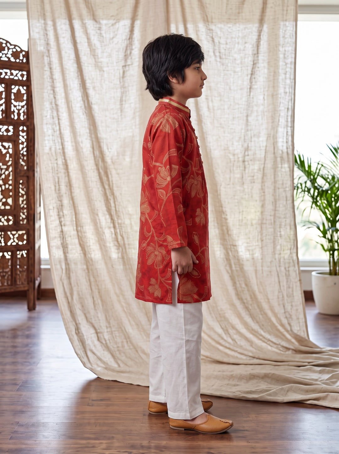 Boys Rust Viscose Printed Kurta with Cream Flared Pants Set
