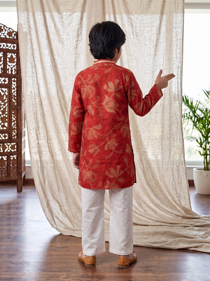 Boys Rust Viscose Printed Kurta with Cream Flared Pants Set