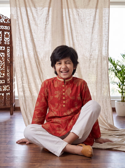 Boys Rust Viscose Printed Kurta with Cream Flared Pants Set