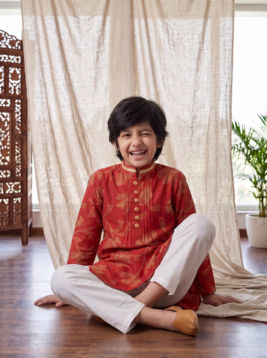 Boys Rust Viscose Printed Kurta with Cream Flared Pants Set