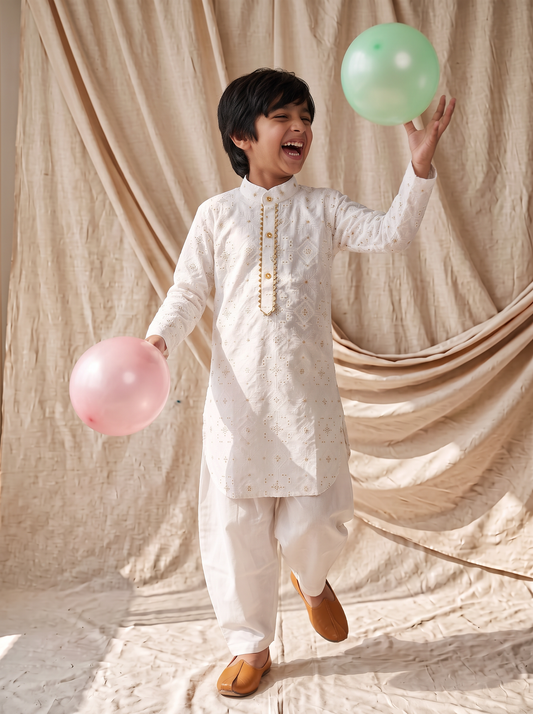 Boys White Cotton Ethnic Kurta Pathani Pant Set