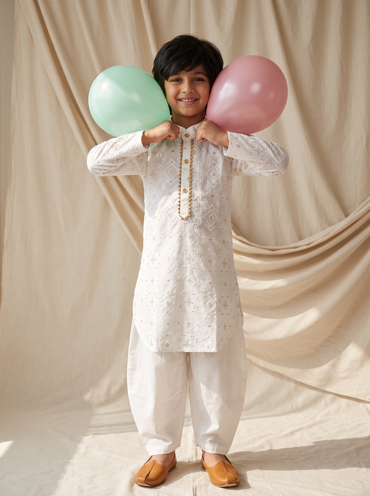 Boys White Cotton Ethnic Kurta Pathani Pant Set