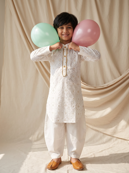 Boys White Cotton Ethnic Kurta Pathani Pant Set
