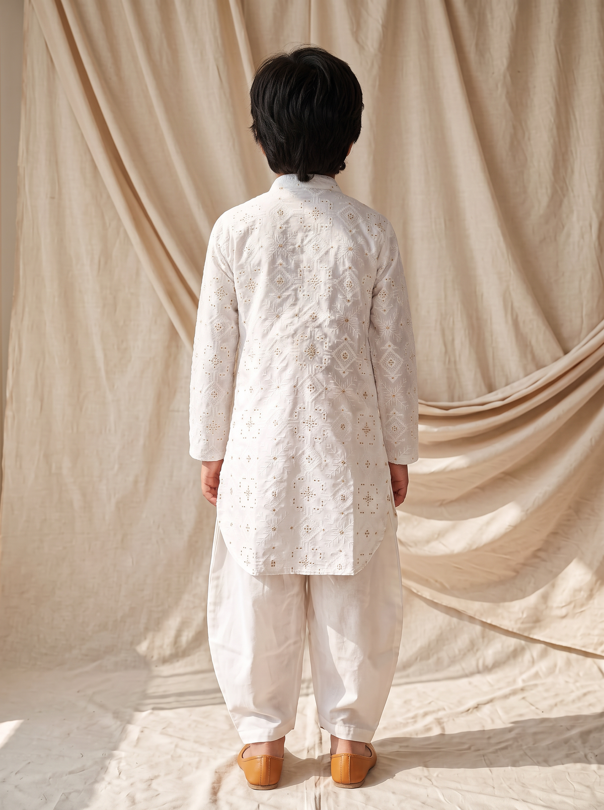 Boys White Cotton Ethnic Kurta Pathani Pant Set