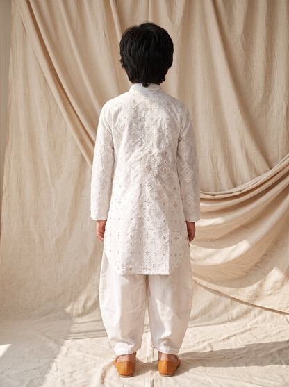 Boys White Cotton Ethnic Kurta Pathani Pant Set