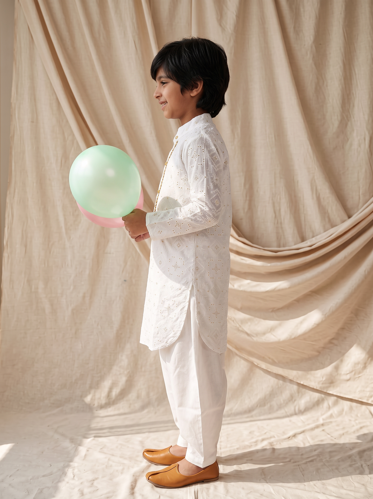 Boys White Cotton Ethnic Kurta Pathani Pant Set