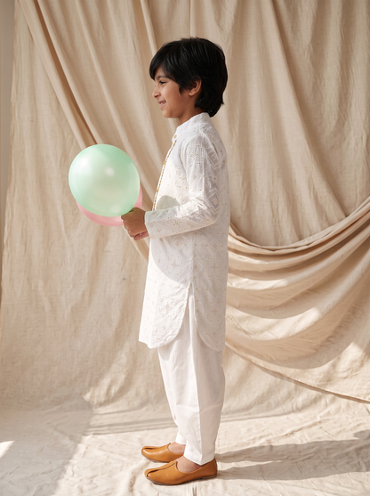 Boys White Cotton Ethnic Kurta Pathani Pant Set