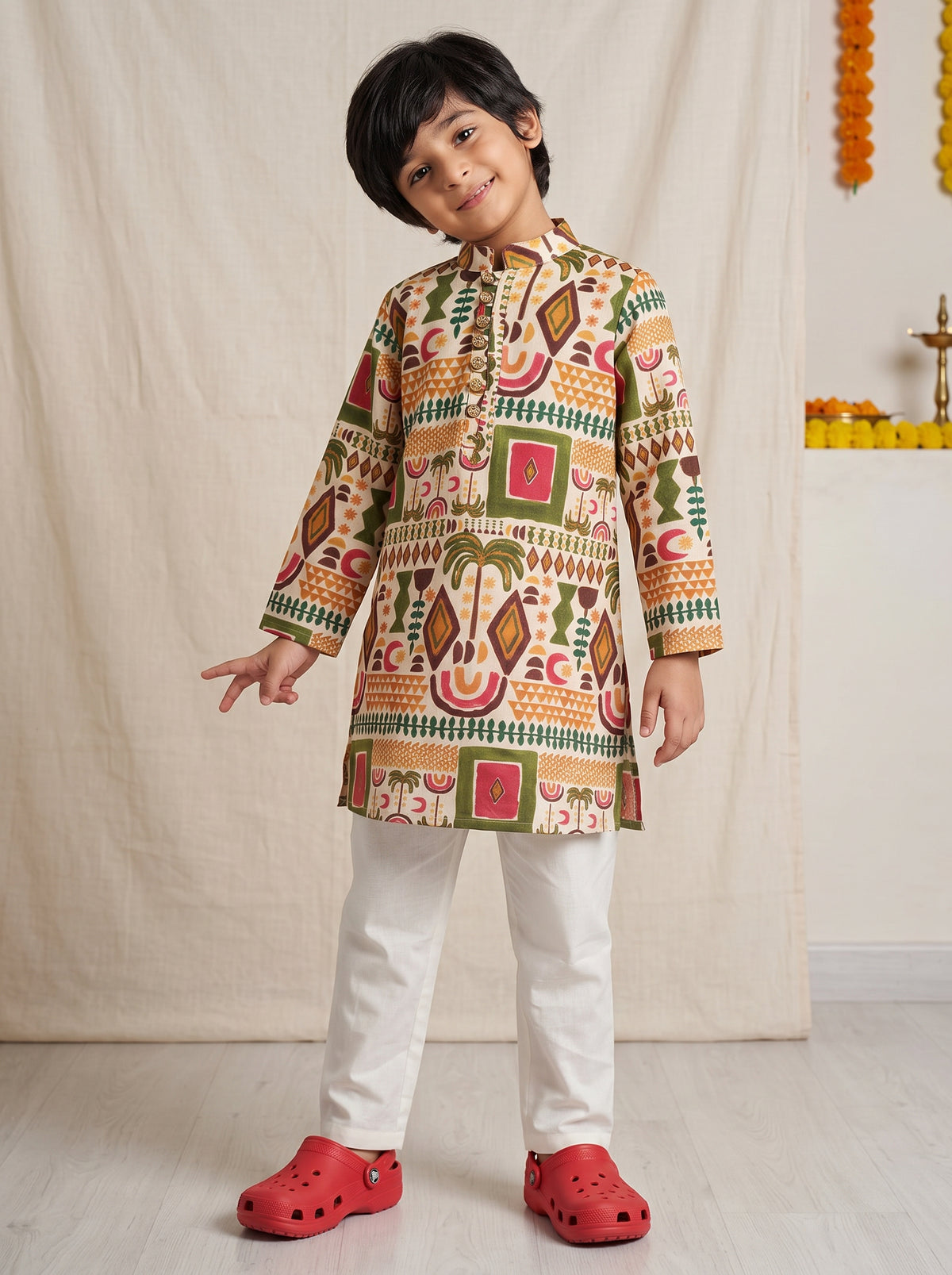 Boys Multicolor Printed Cotton Kurta Pyjama Set