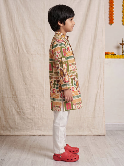 Boys Multicolor Printed Cotton Kurta Pyjama Set