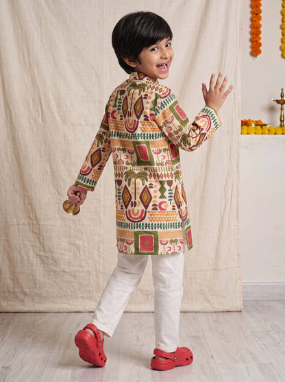 Boys Multicolor Printed Cotton Kurta Pyjama Set