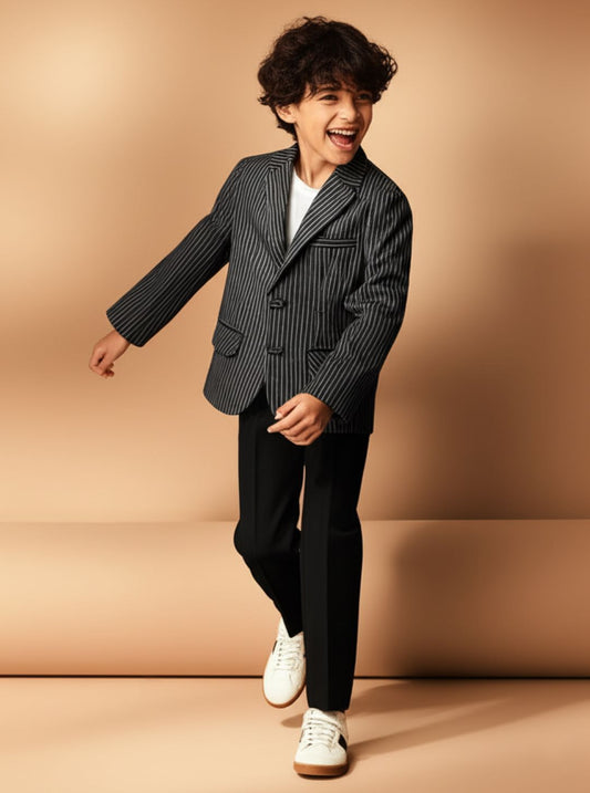 Boys Polyester Viscose White & Black Striped Blazer