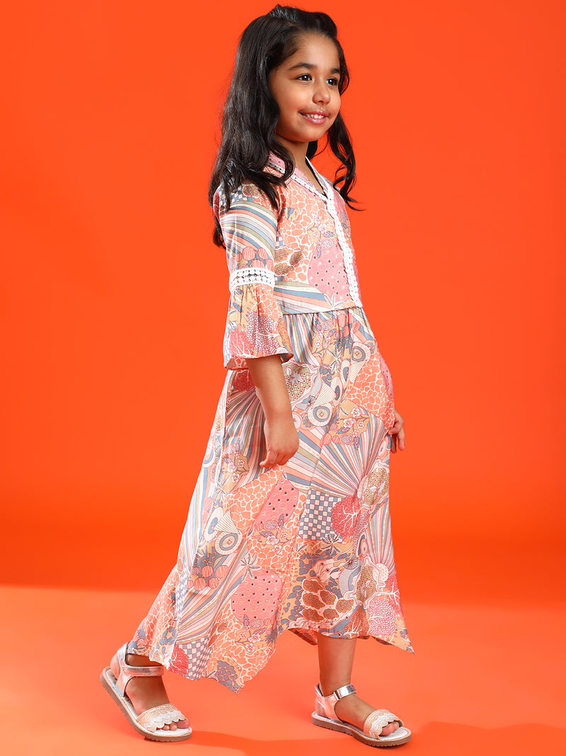 Girls Multic-Colour Rayon Printed Top With Skirt