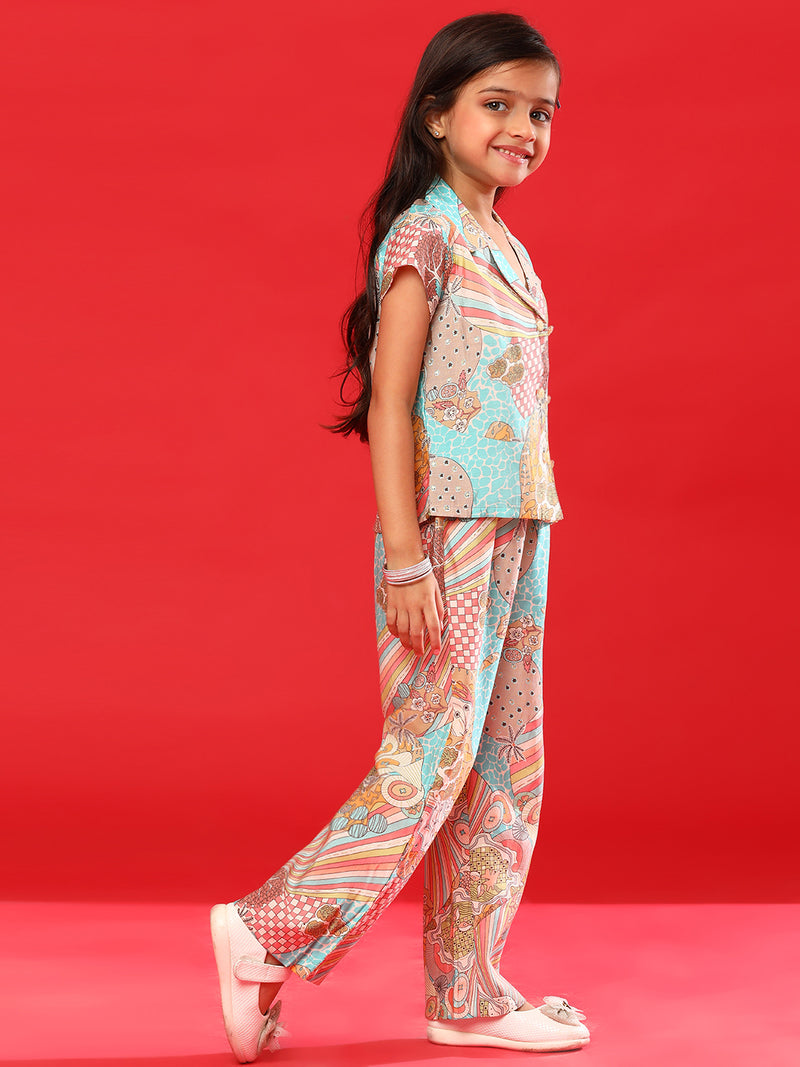 Girls Multi Color Rayon Printed Top With Pant Co-Ord Set