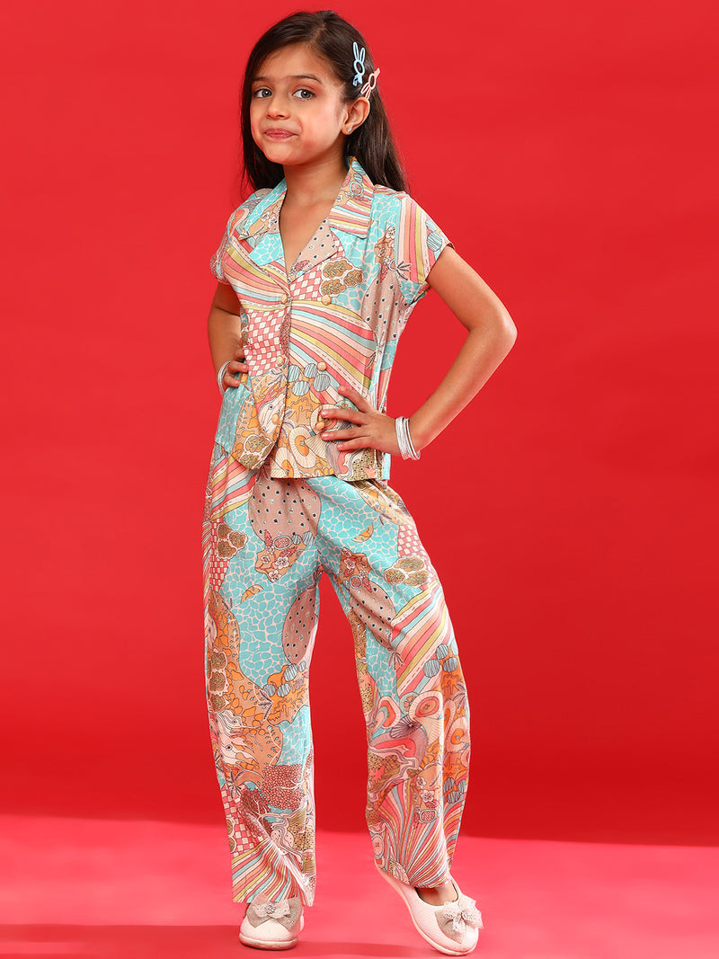 Girls Multi Color Rayon Printed Top With Pant Co-Ord Set